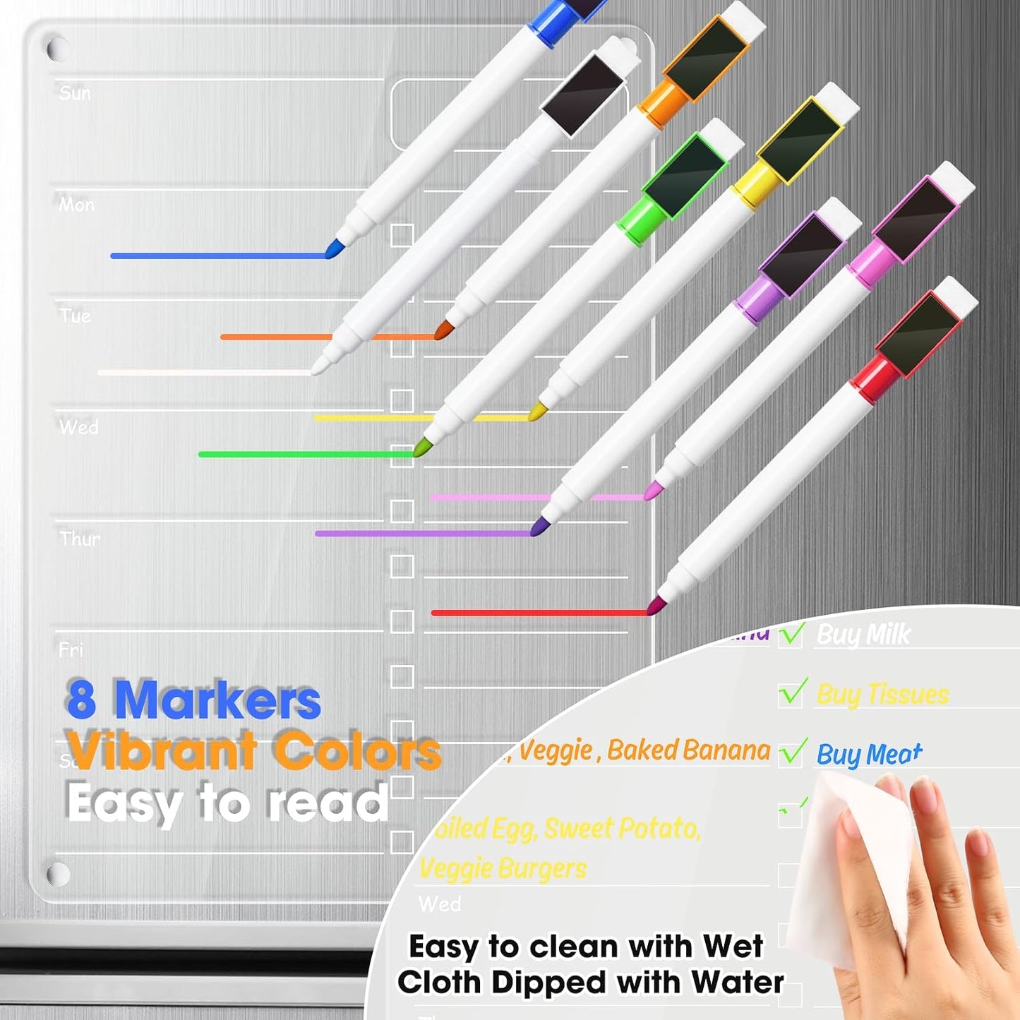 Acrylic Meal Planner Weekly Calendar Menu Board for Kitchen, w/ 8 Markers | Clear Weekly Fridge Calendar Planning Note Board Dry Erase to Do/Grocery/Shopping List/Chore Chart, 12.8x9’’