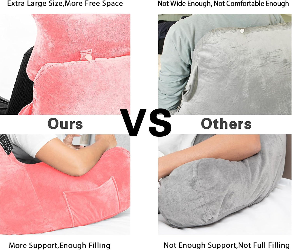 SLIGUY Reading Pillow for Sitting in Bed Couch Adult, Back Pillow with arm Support and Pockets, Adult Back Pillow Bed Chair for Bed Rest, Reading, Watching TV, Gaming for Boys and Girls Dark Grey