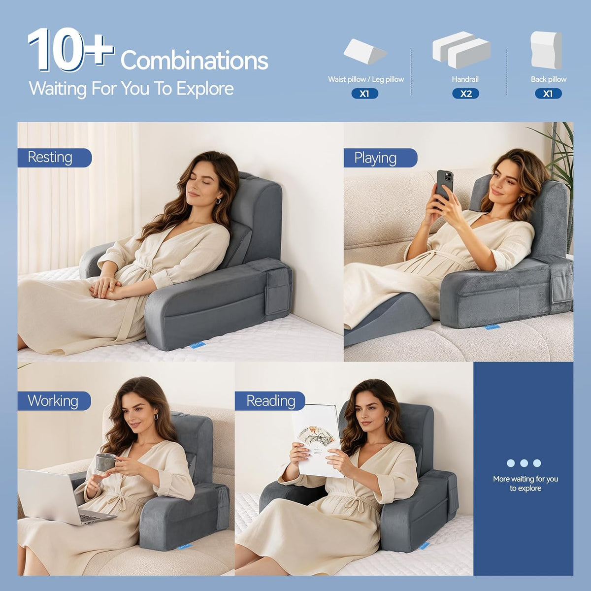 Kayfia Reading Pillow, Gel Memory Foam Back Rest Pillow, 19", Gray