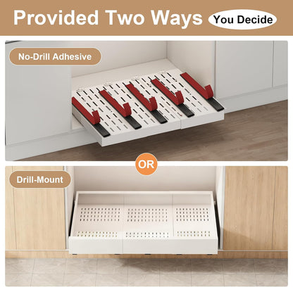 Fokyfok Pull Out Cabinet Organizer,23"-31"W,17"-24"D,Expandable,Adhesive | No Drill,5 Rails,Adjustable Slide out Drawers for Kitchen,Pantry,Roll out Shelves,Cabinets Without Lip,Framless,White,1PC