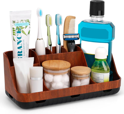 GFWARE Black Toothbrush Holder - 7 Slots Bathroom Organizer Countertop with Drainage Matte Black Electric Toothbrush and Toothpaste Holder for Bathroom Accessories Sink Storage