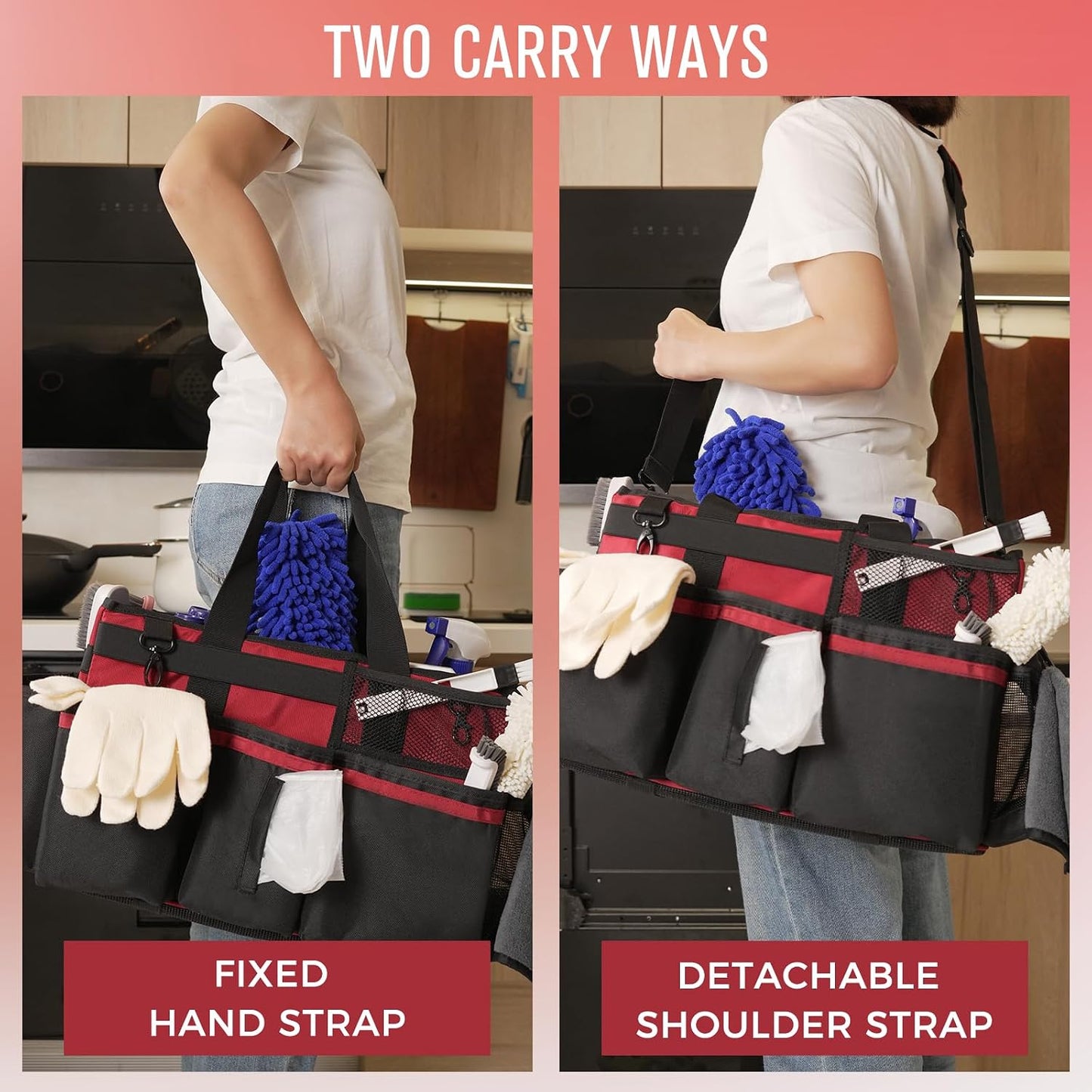 SCAVATA Wearable Cleaning Caddy, Cleaning Caddy Supplies Organizer with Handle & Shoulder Straps for Housekeepers, Under Sink & Car Cleaning Tool Organizers Bag with 4 Foldable Divider (NavyBlue)