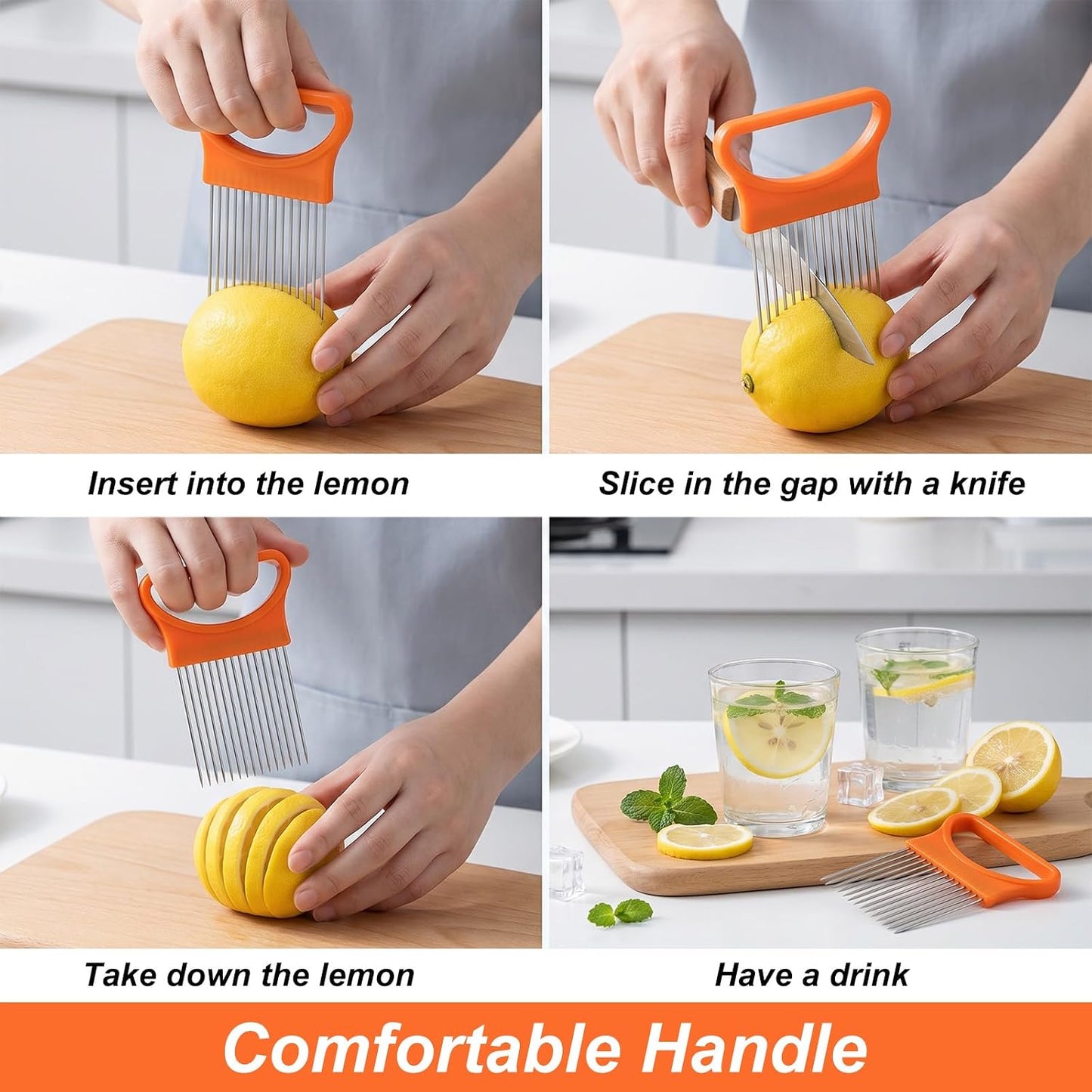 4Pcs Onion Slicer Holder, Onion Slicing Holder Cutter Tool | Stainless Steel Veg Cutter with Cover, Food Slicer Assistant Tool for Tomato Lemon Avocados Vegetables Fruit