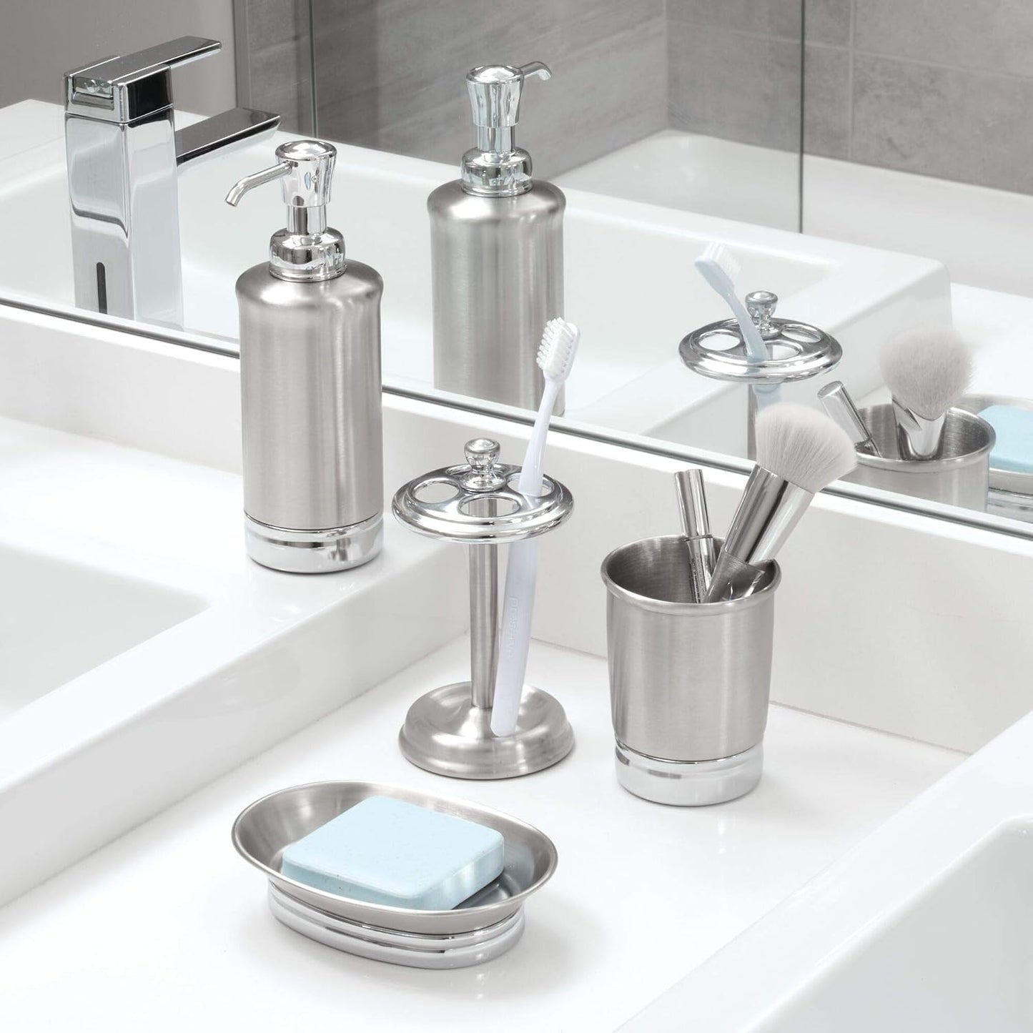 iDesign Steel Divided Toothbrush Holder Stand, 3.25" x 3.25" x 5.75" | Four Divided Compartments, Brushed Nickel & Polished Chrome