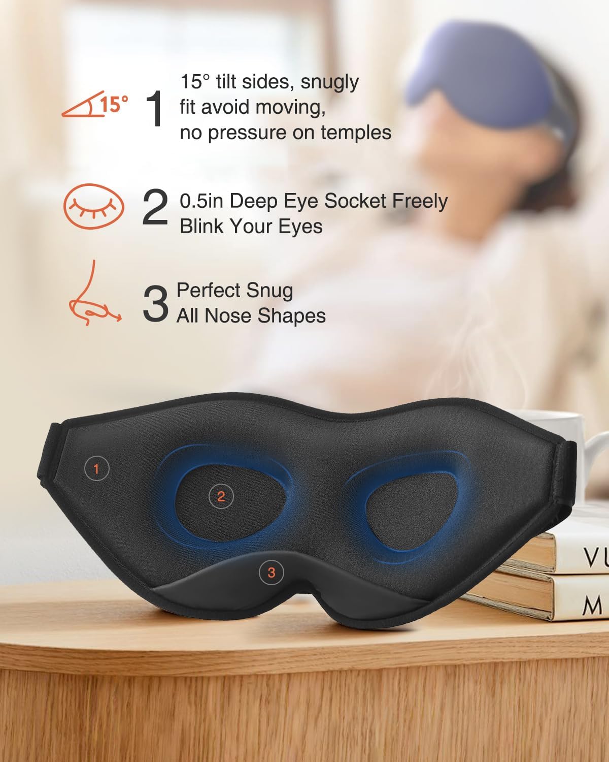 MABAO Sleep Mask for Side Sleeper, Eye Mask for Sleeping Women Men, Black | 3D Contoured Cup No Eye Pressure, 100% Light Blocking Sleeping Mask with Adjustable Strap Night Blindfold Flight, Travel, Nap