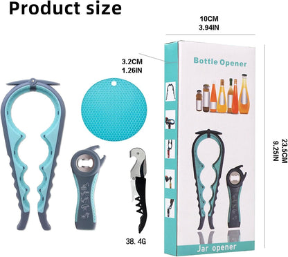 Jar Opener for Seniors with Arthritis,Jar Opener for Weak Hands,5-in-1 Bottle Opener,4-in-1 Can Opener (A-Blue)