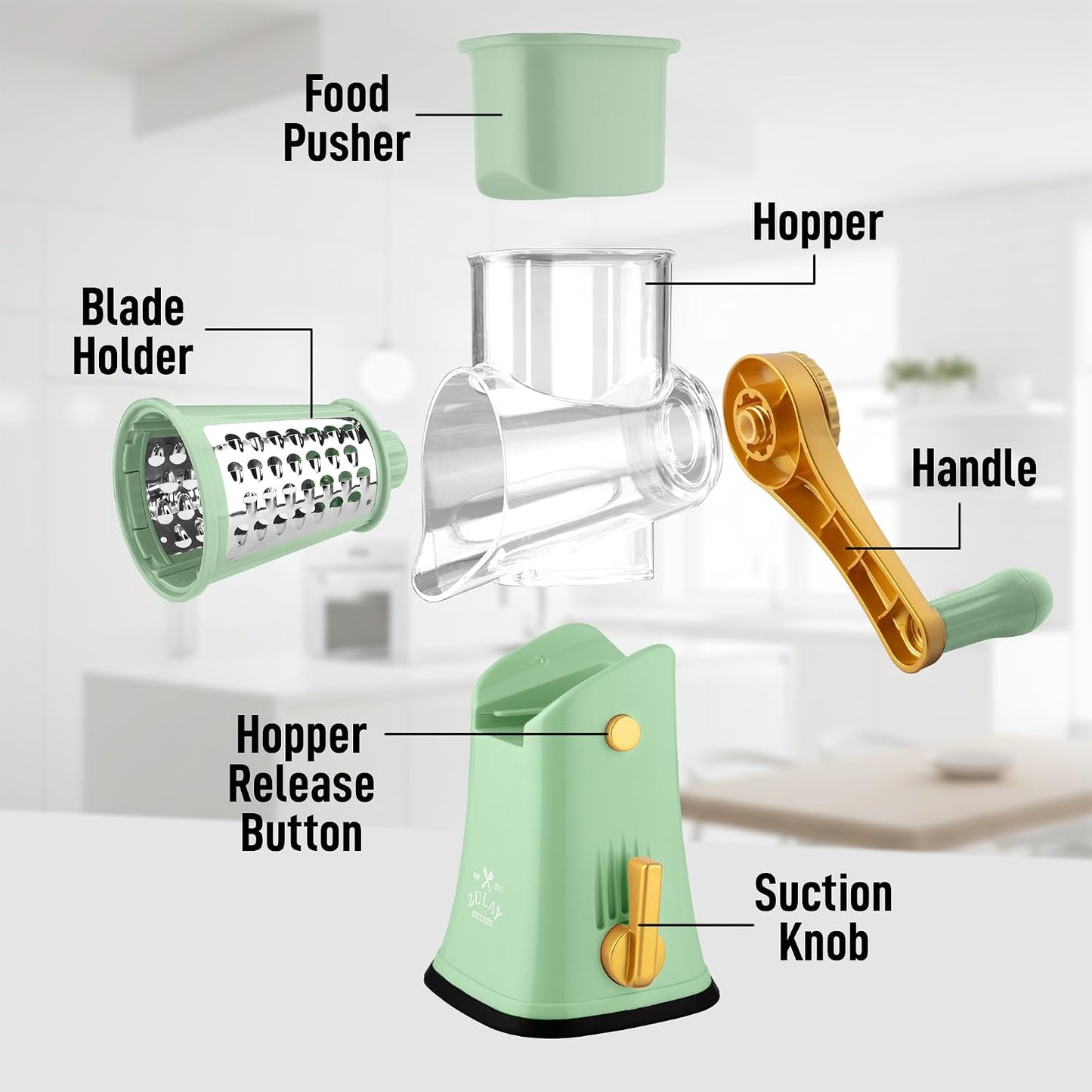 Zulay Kitchen Rotary Cheese Grater 5 Blade Cheese Shredder - Manual Hand Crank Cheese Grater With Reinforced Suction & 5 Interchangeable Drums - Easy to Use, Vegetable Chopper Round Mandoline Slicer - Colors B