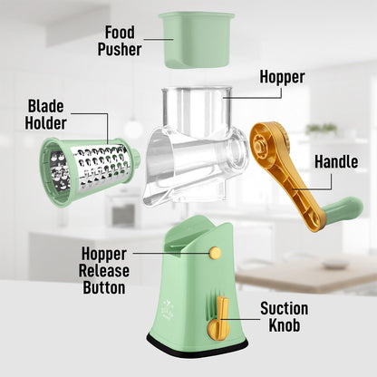 Zulay Kitchen Rotary Cheese Grater 5 Blade Cheese Shredder - Manual Hand Crank Cheese Grater With Reinforced Suction & 5 Interchangeable Drums - Easy to Use, Vegetable Chopper Round Mandoline Slicer - Colors B