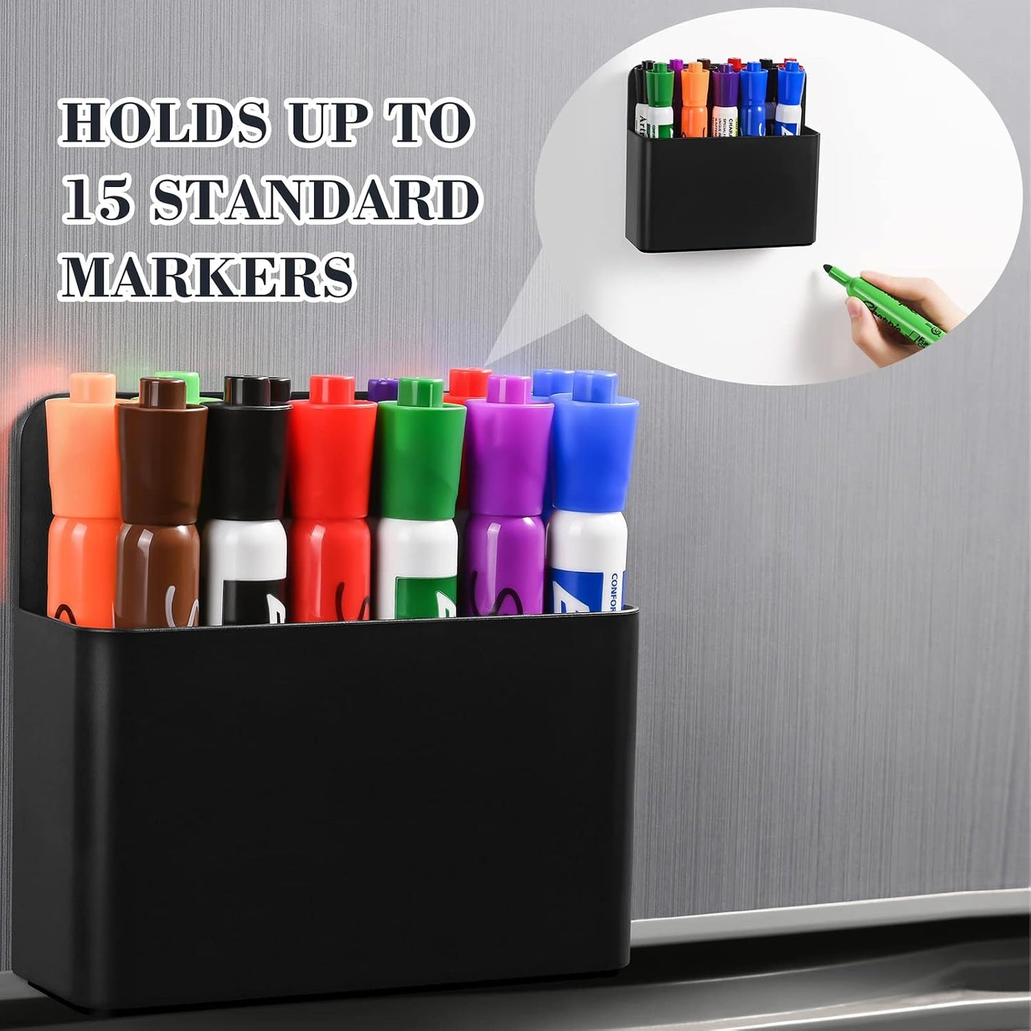 Black Strong Magnetic Dry Erase Marker Holders - Pen Holders for Whiteboard, Fridge, Locker, Magnetic Organizer for Office, Kitchen, and School. No Drilling, Nails, or Glue Needed
