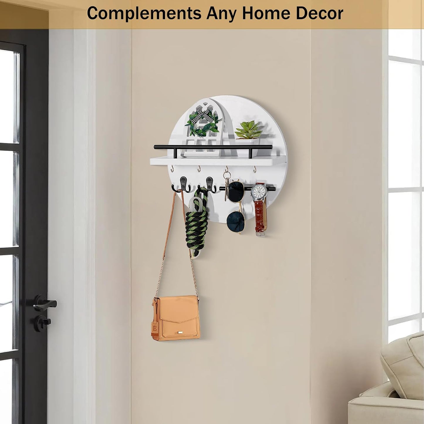 Key Holder for Wall Decorative with Shelf and Hooks, Mail Organizer Wall Mount with Sunglasses Holder, Circular Design Entryway Key Rack Hanger, Rustic Home Decor Boho Wall Decor (White)