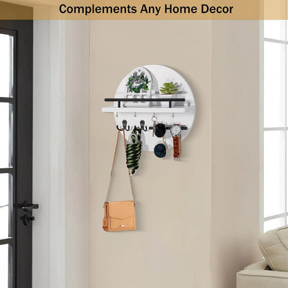 Key Holder for Wall Decorative with Shelf and Hooks, Mail Organizer Wall Mount with Sunglasses Holder, Circular Design Entryway Key Rack Hanger, Rustic Home Decor Boho Wall Decor (White)
