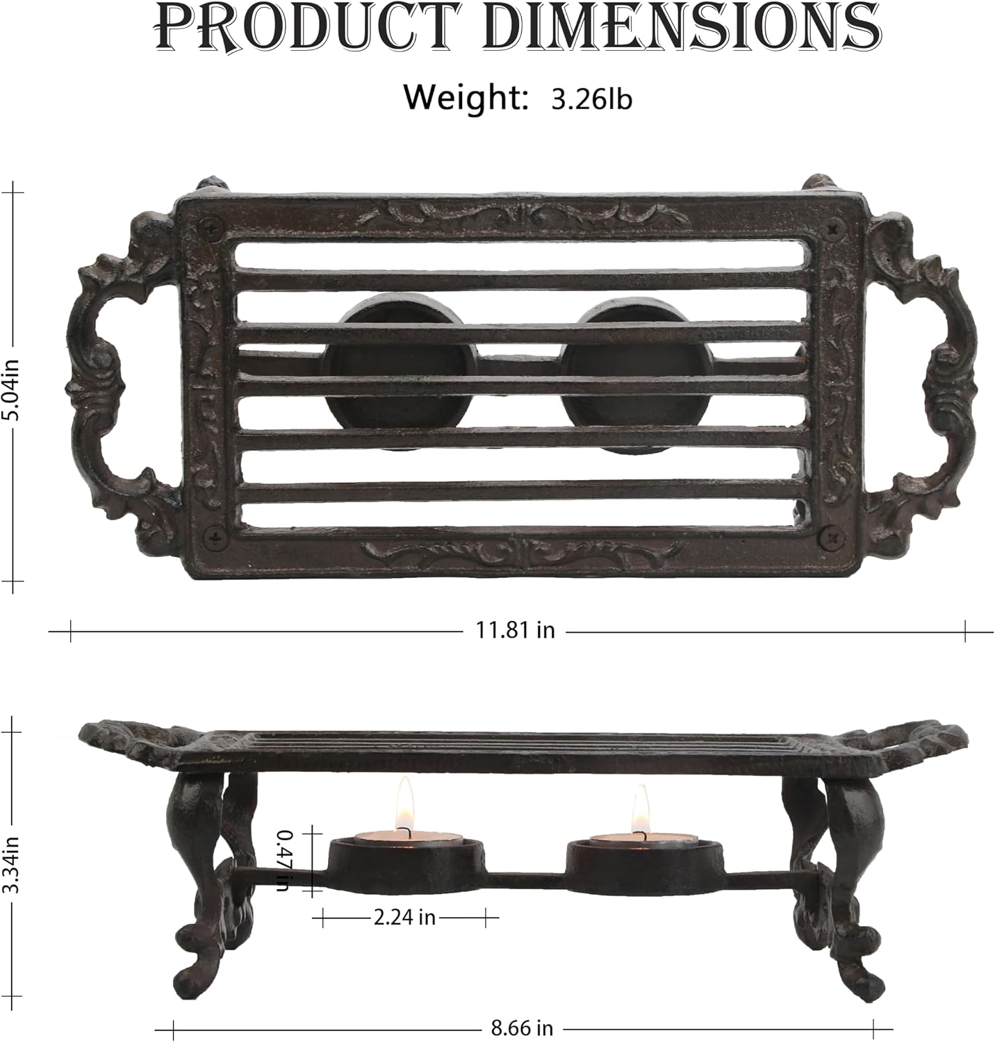 Cast Iron Teapot Warmer, Durable Tea Pot Warmer with 2 Tealight Holders for Tea, Coffee & Food Simmer Pot, Heavy-Duty Tea Warmer for Desk or Home, Includes Candle& Pinch Mitts