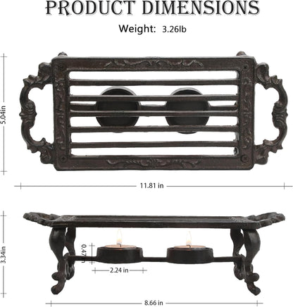 Cast Iron Teapot Warmer, Durable Tea Pot Warmer with 2 Tealight Holders for Tea, Coffee & Food Simmer Pot, Heavy-Duty Tea Warmer for Desk or Home, Includes Candle& Pinch Mitts