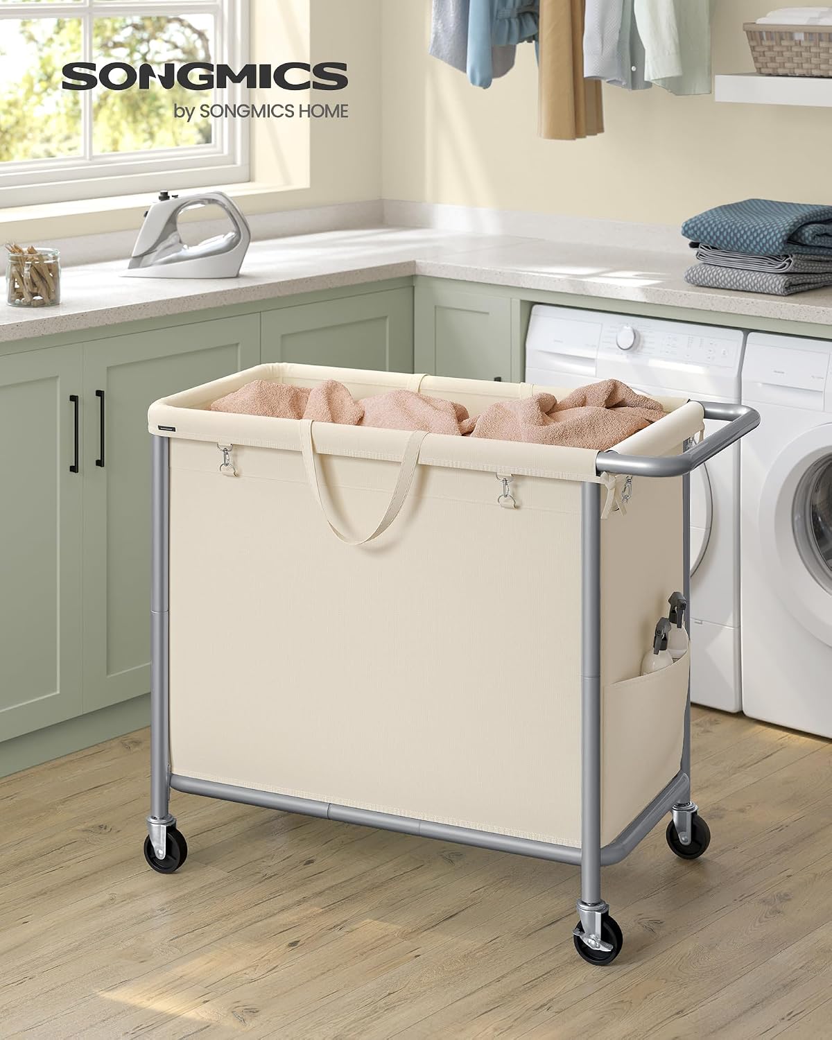 SONGMICS Laundry Basket with Wheels, 4-Section Rolling Laundry Hamper, 68.6 Gallons (260 L), Removable Liner, Steel Frame with Handle, 43.3 x 15.4 x 31.9 Inches, Cream White URLS014W01