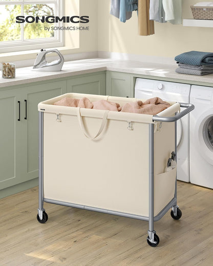 SONGMICS Laundry Basket with Wheels, 4-Section Rolling Laundry Hamper, 68.6 Gallons (260 L), Removable Liner, Steel Frame with Handle, 43.3 x 15.4 x 31.9 Inches, Cream White URLS014W01