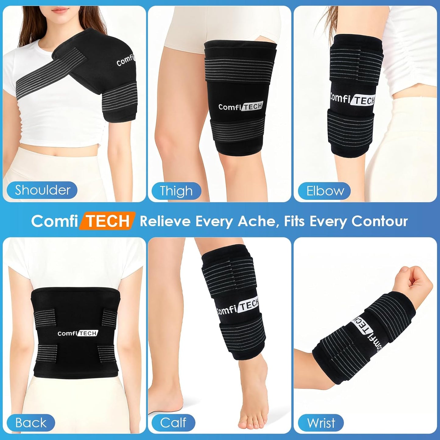 ComfiTECH Reusable Multipurpose Ice Pack with Adjustable Straps, 12" x 15" | Soft Gel Cold Compress for Hands-Free Relief on Back, Shoulder, Knee, Hip, Large Oversized Wrap for Minor Aches & Pains
