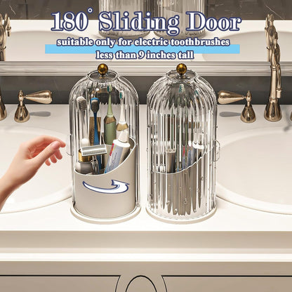 Toothbrush and Toothpaste Holders with Cover, Grey White | Waterproof and Dustproof, 360° Rotating Base, Smooth Sliding Door, 3 Slots, for Bathroom Countertop