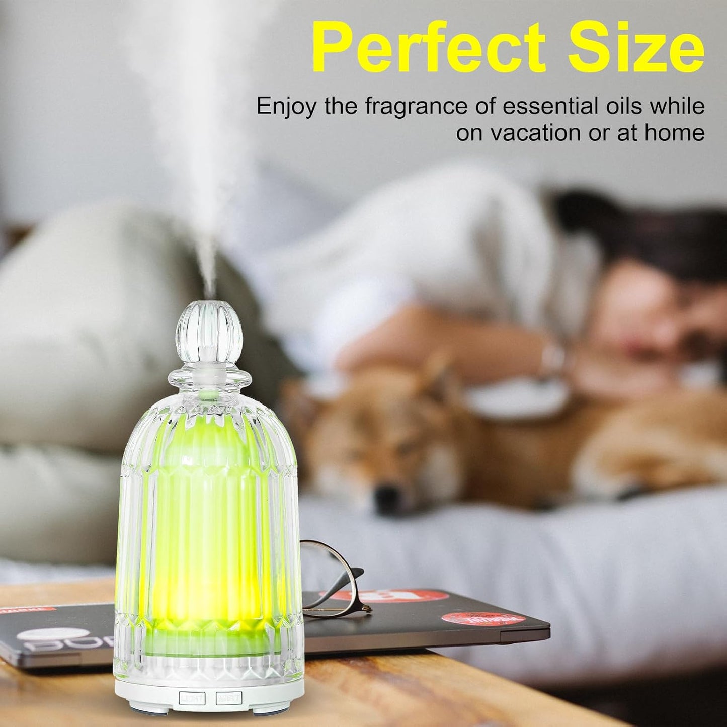 Glass Essential Oil Diffuser, Ultrasonic Aroma Diffuser Glass Cover & Plastic Reservoir with 7 LED Color Changing Light, Auto Shut-Off for Home Office Spa, 120ml(Black Base)