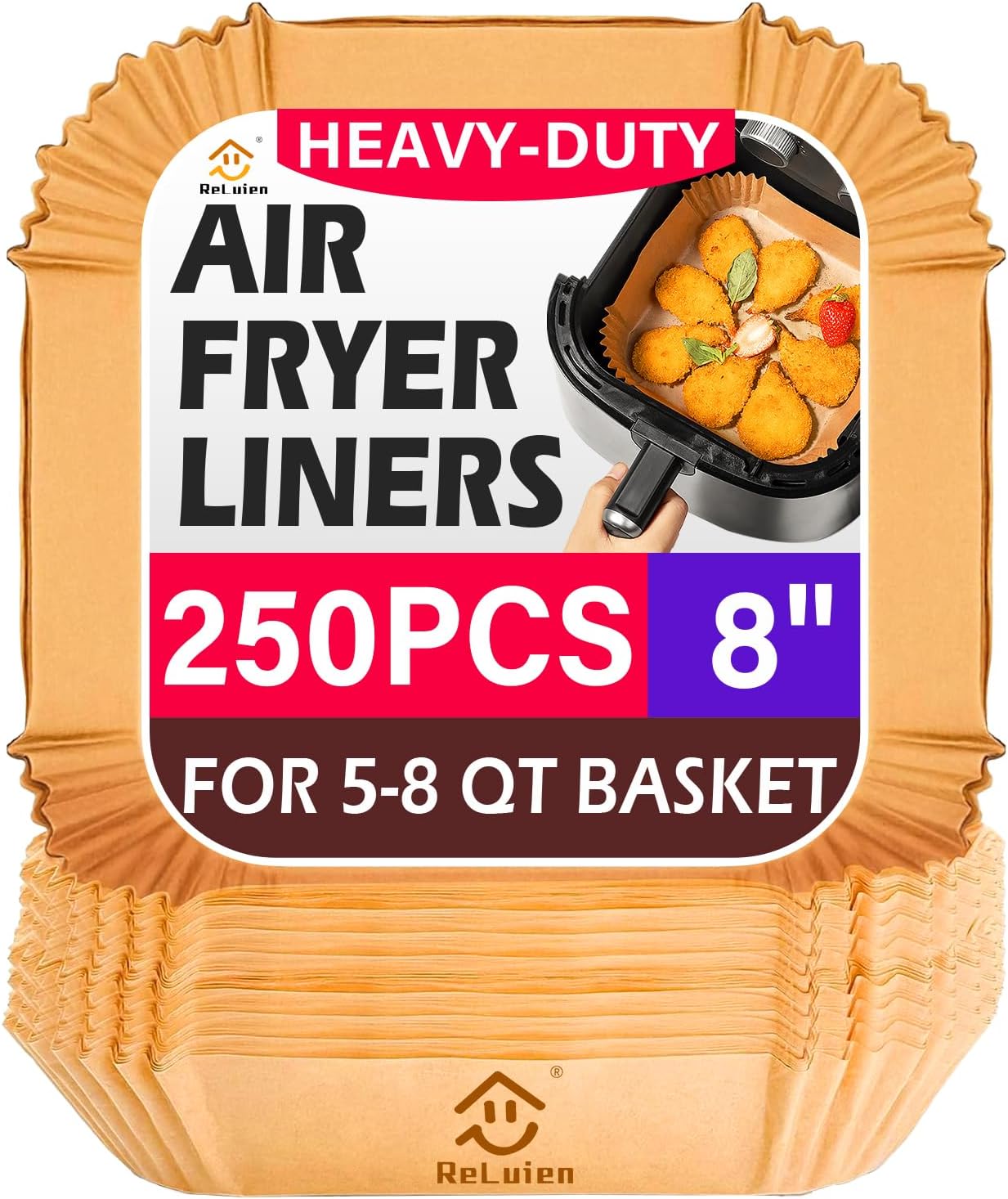 Air Fryer Liners Disposable 125 Pcs, 8 Inch Paper for 5-8 QT Air Fryers | Square Unbleached Parchment Paper, Non-Stick, Greaseproof for Baking, Roasting, Microwave, Oven, Airfryer Basket Accessories