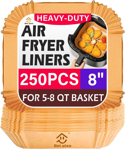 Air Fryer Liners Disposable 125 Pcs, 8 Inch Paper for 5-8 QT Air Fryers | Square Unbleached Parchment Paper, Non-Stick, Greaseproof for Baking, Roasting, Microwave, Oven, Airfryer Basket Accessories