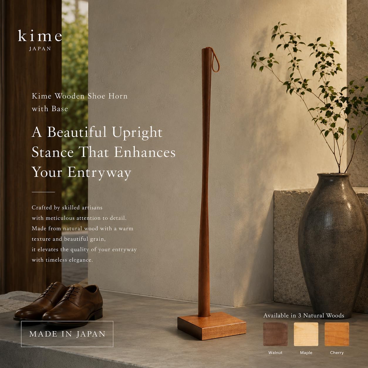 Kime Shoehorn with Stand, Long Handle, Wooden Shoehorn, 27.5 Inch, Made in Japan, Shoehorn, Brown Color,Walnut Wood