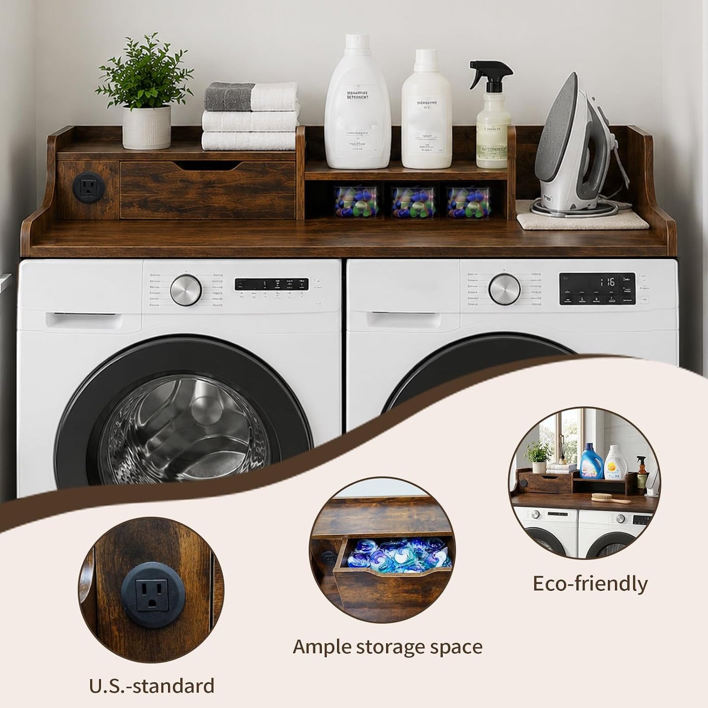 Washer and Dryer Countertop with Power Outlet & Storage Drawer, 54 Inch Laundry Tabletop Over Washing Machine, Clothes Folding & Ironing Station, Laundry Room Organizer with Non-Slip Pads