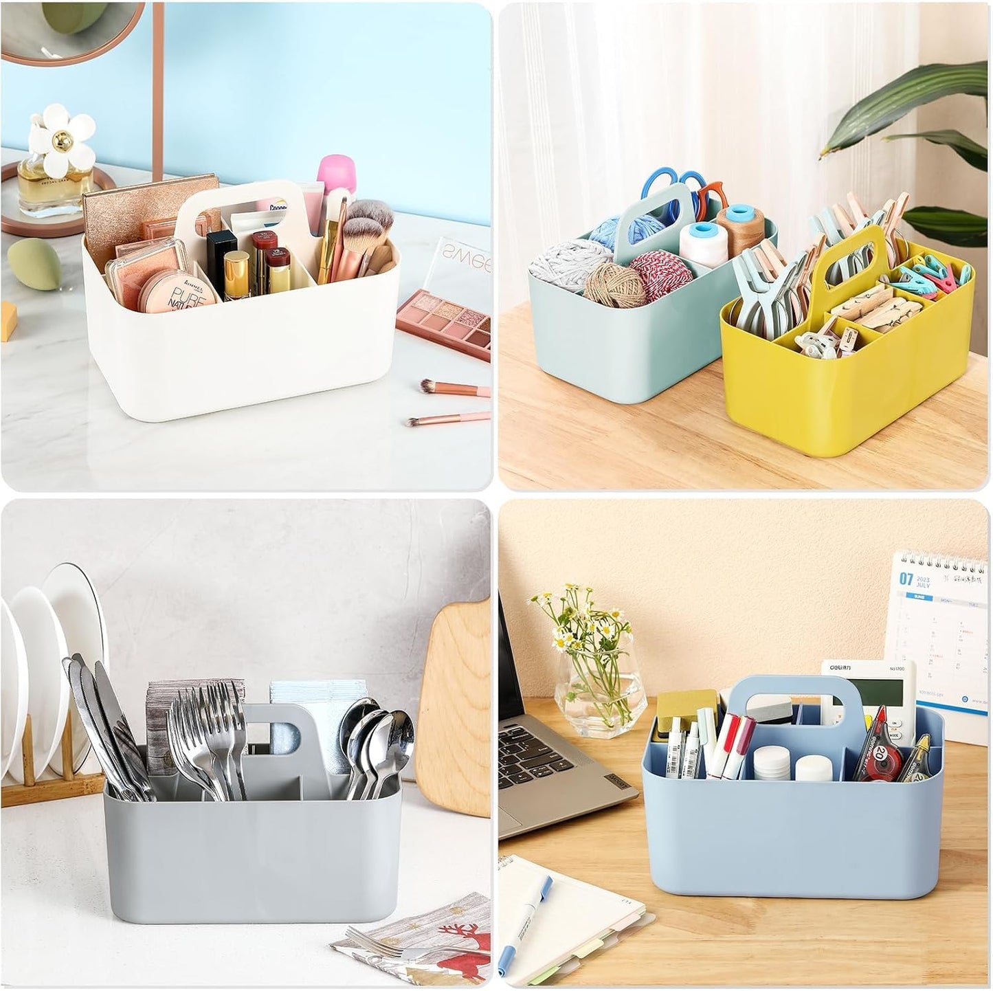 Multiuse Caddy Organizer with Handle, Portable Divided Plastic Tote Bin - Art Craft, Stationary Pen Marker Crayons, Makeup Hair Supplies Storage - Bathroom, Classroom, Dorm, Office, Desk Holder - Grey