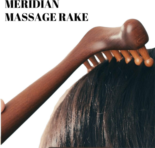 Wooden Back Gua Sha Sandalwood Meridian Massage Rake | Lymphatic Drainage, Neck Scalp Full Body Muscle Pain Relief, Long Handle Scraping Tool