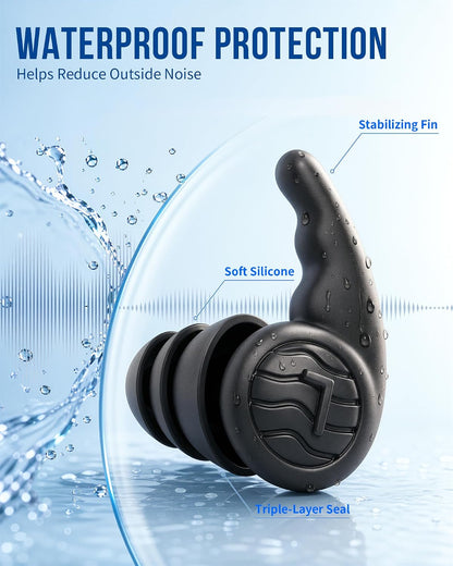 Swimming Ear Plugs, Swim Earplugs 3 Pairs for Swimmer Surfing Water Sports | Waterproof Protection, Soft Silicone Comfort, Wave-Shaped Fin, Noise-Reducing Design for Teens & Adults