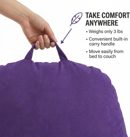 Deluxe Comfort Microsuede Bed Rest - Reading and Bedrest Lounger - Sitting Supprt Pillow - Soft But Firmly Stuffed Fiberfill - Backrest Pillow With Arms, Light Purple