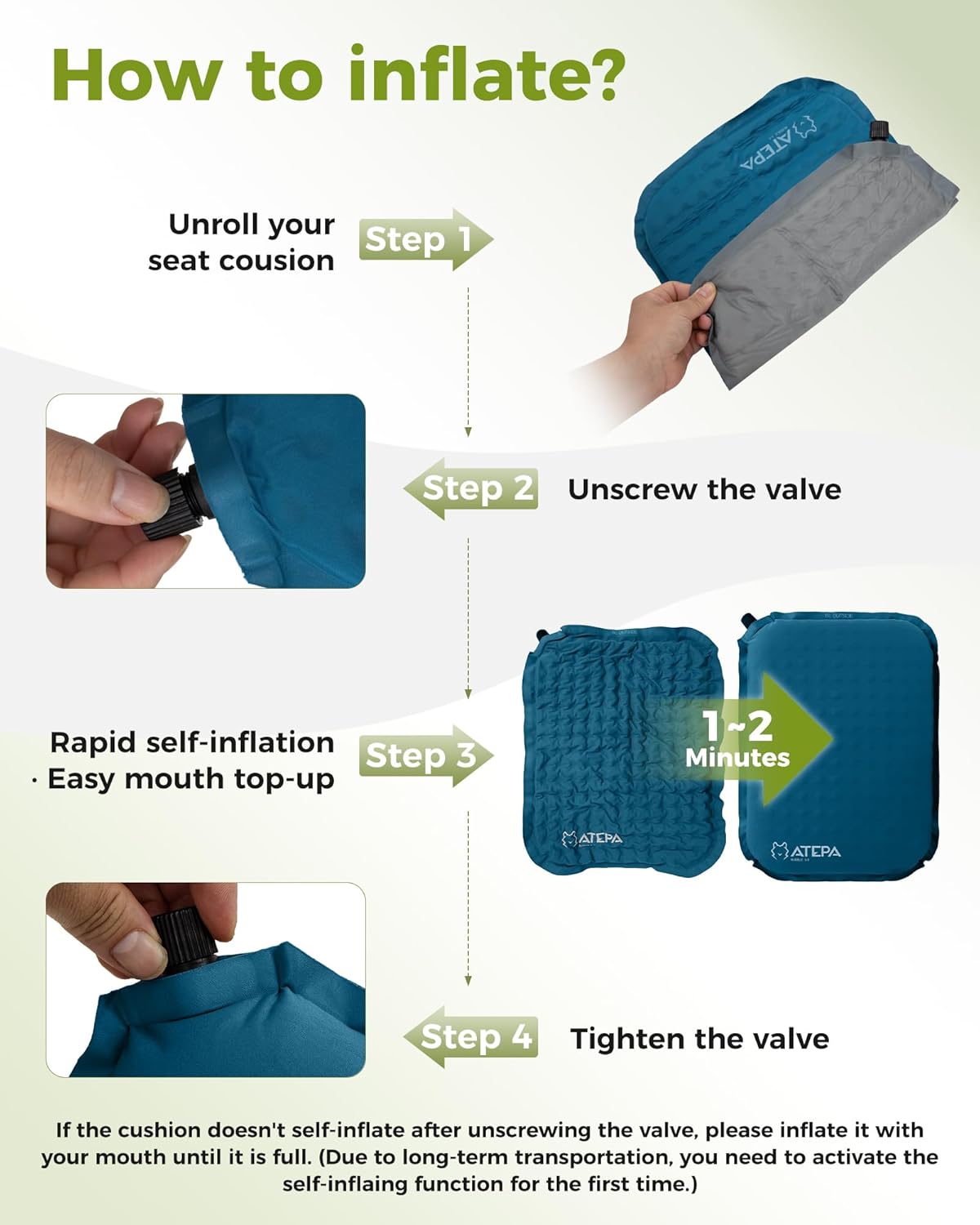 ATEPA Inflatable Seat Cushion | 2" & 2.5" foam core seat pad, Self inflating, Compact, Stadium, Airplane, Travel, Camping, Hiking, Sports events