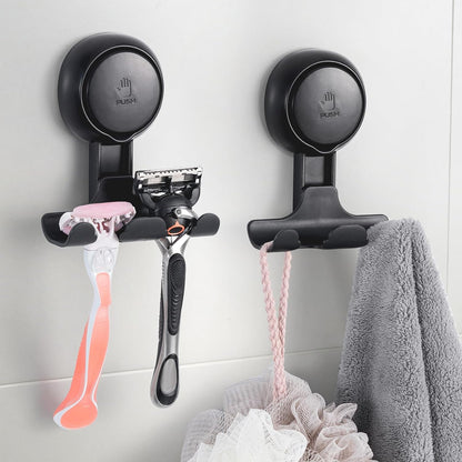 Razor Holder for Shower 2 Pack, Powerful Vacuum Suction Cup Hook for Towel, Loofah, Razor, Squeegee, Damage-Free Wall Shower Hook, Shaver Holder for Bathroom, Easy to Install and Reuse, Black