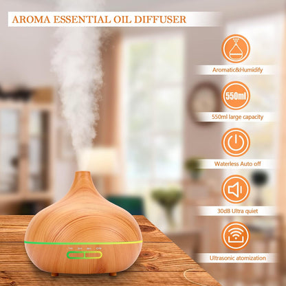SACATR 550ml Oil Diffuser with 30x5 mL Essential Oils, Ultrasonic Technology, Remote Control for Home Office