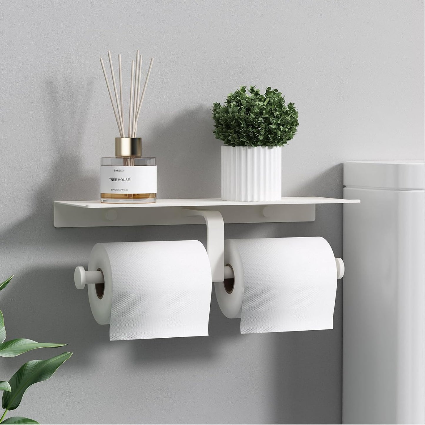 Matte Black Toilet Paper Holder with Shelf, Wall-Mounted Bathroom Organizer, Double Roll