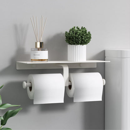 Matte Black Toilet Paper Holder with Shelf, Wall-Mounted Bathroom Organizer, Double Roll