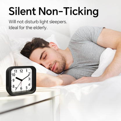 Loud Alarm Clock for Heavy Sleepers, 4.5" Simple Square Analog Alarm Clocks with Silent Movement Battery Operated Easy-to-Read Dial, Plastic Small Desk Clock for Bedroom Teens Seniors, Black
