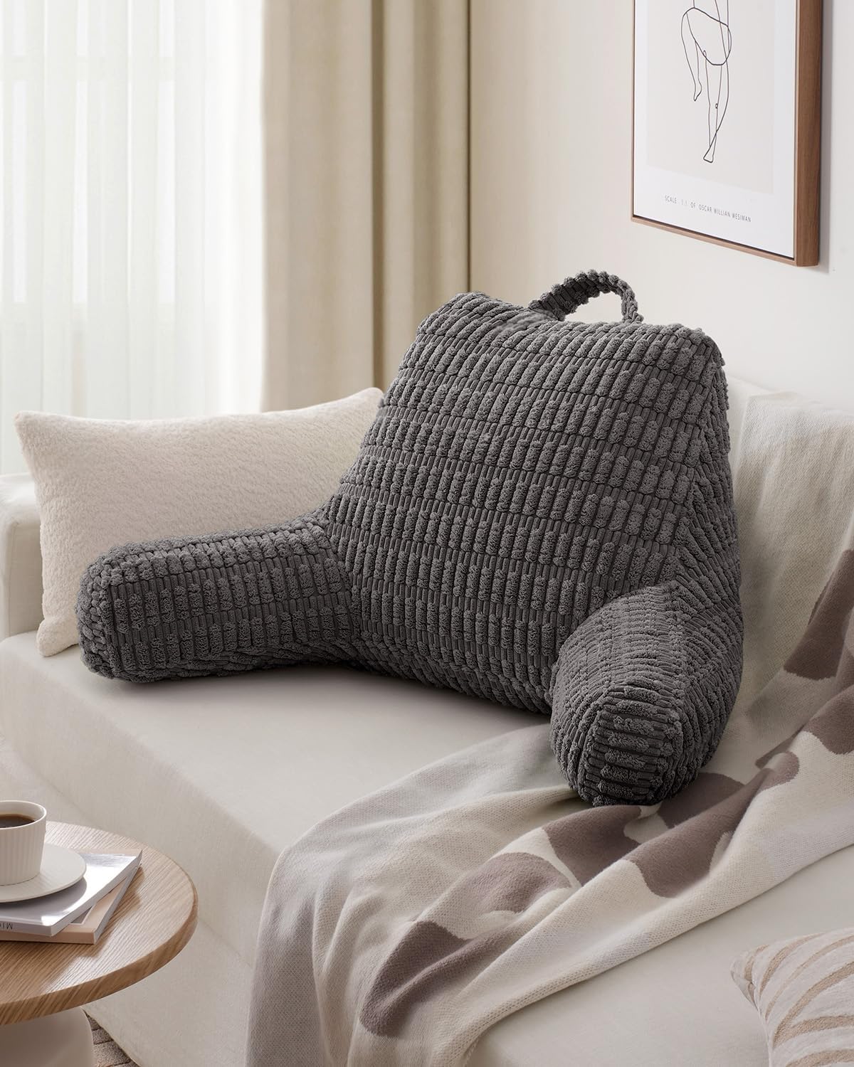 Blissful Diary Reading Pillow, Backrest Pillow with Shredded Memory Foam for Adult & Children, Designed for Bed and Couch Sitting Up, Includes Arms, Pockets and Washable Cover, Off White