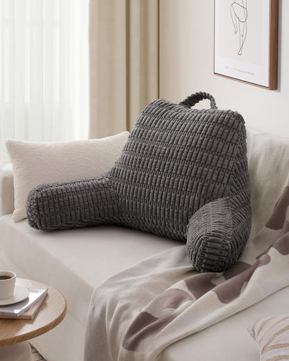 Blissful Diary Reading Pillow, Backrest Pillow with Shredded Memory Foam for Adult & Children, Designed for Bed and Couch Sitting Up, Includes Arms, Pockets and Washable Cover, Off White