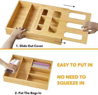 SpaceAid Bag Storage Organizer for Kitchen Drawer, Bamboo Organizer, Compatible with Gallon, Quart, Sandwich and Snack Variety Size Bag (1 Box 4 Slots)