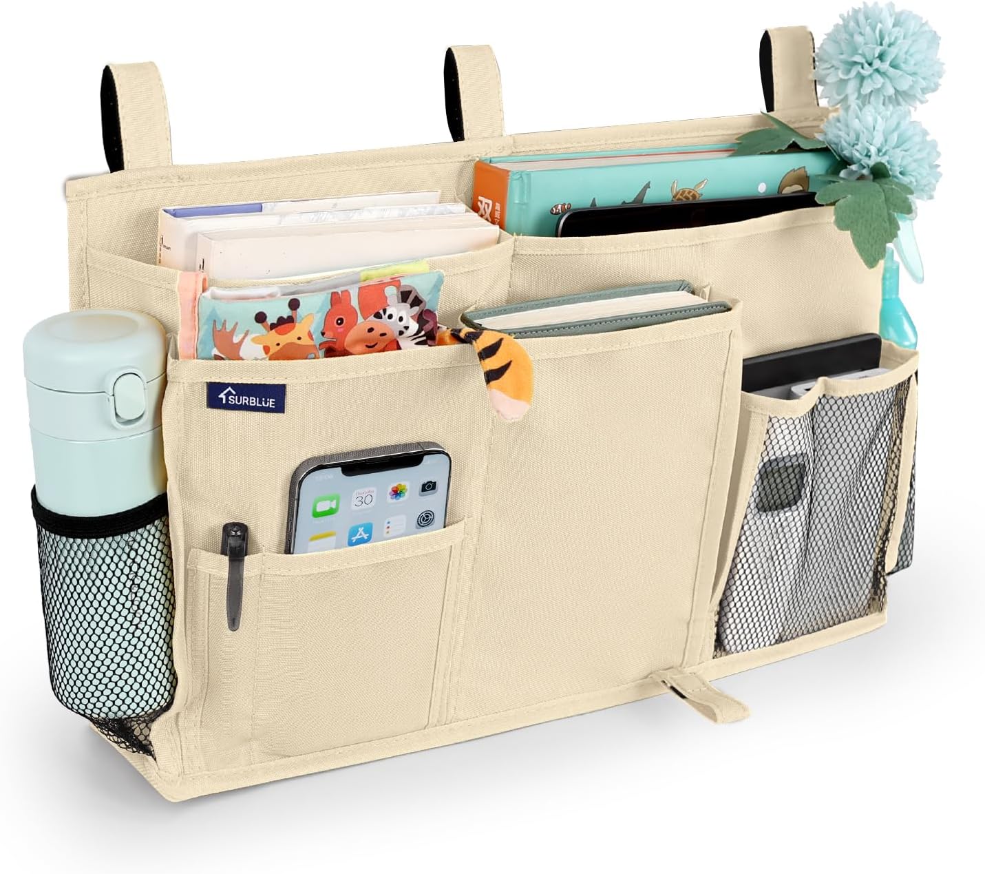 Surblue Bedside Caddy Hanging Organizer Storage Bag Pocket for Bunk, Hospital, College Dorm Rooms, Baby Bed Rails, Camp - 4 Pockets, 2 Hooks (Blue)