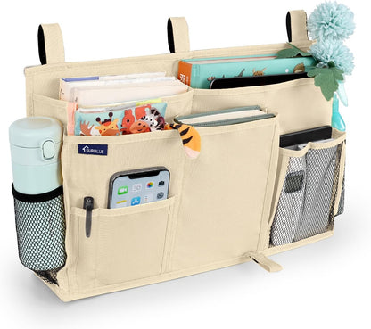 Surblue Bedside Caddy Hanging Organizer Storage Bag Pocket for Bunk, Hospital, College Dorm Rooms, Baby Bed Rails, Camp - 4 Pockets, 2 Hooks (Blue)