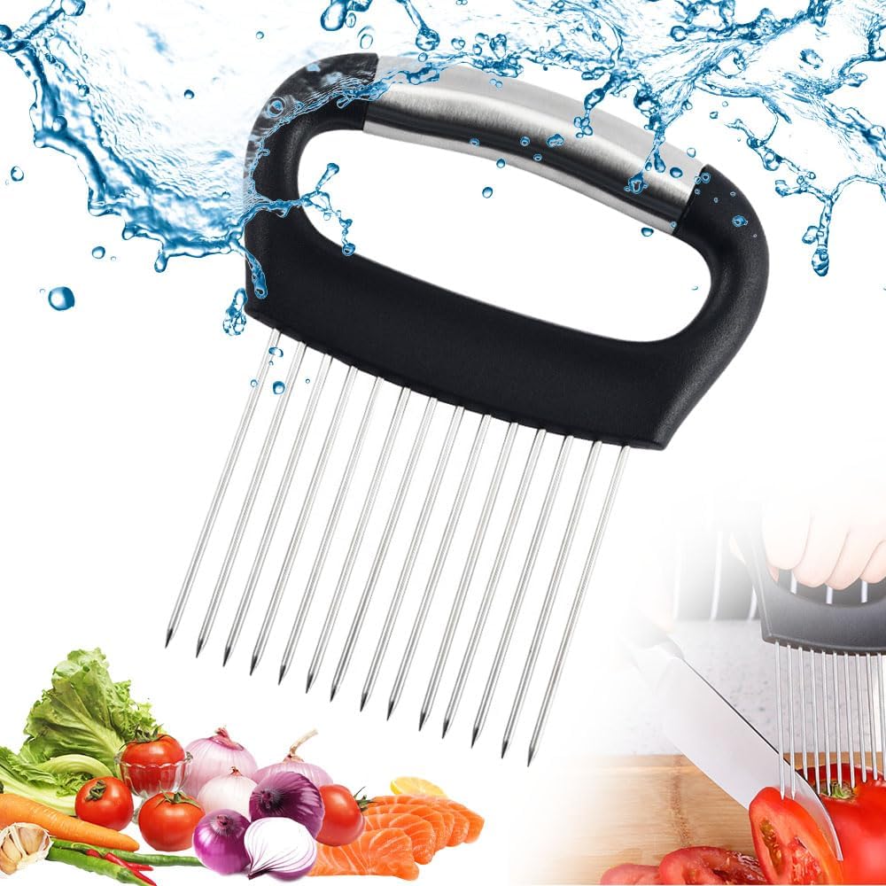 2026 New Stainless Steel Onion Slicer Holder, Onion Holder for Slicing, Lemon Slicer Vegetable Cutter, Chopper Slicing Assistant Tool for Meat, Onion, Potato, Tomato Home Kitchen Tools (Black-A)