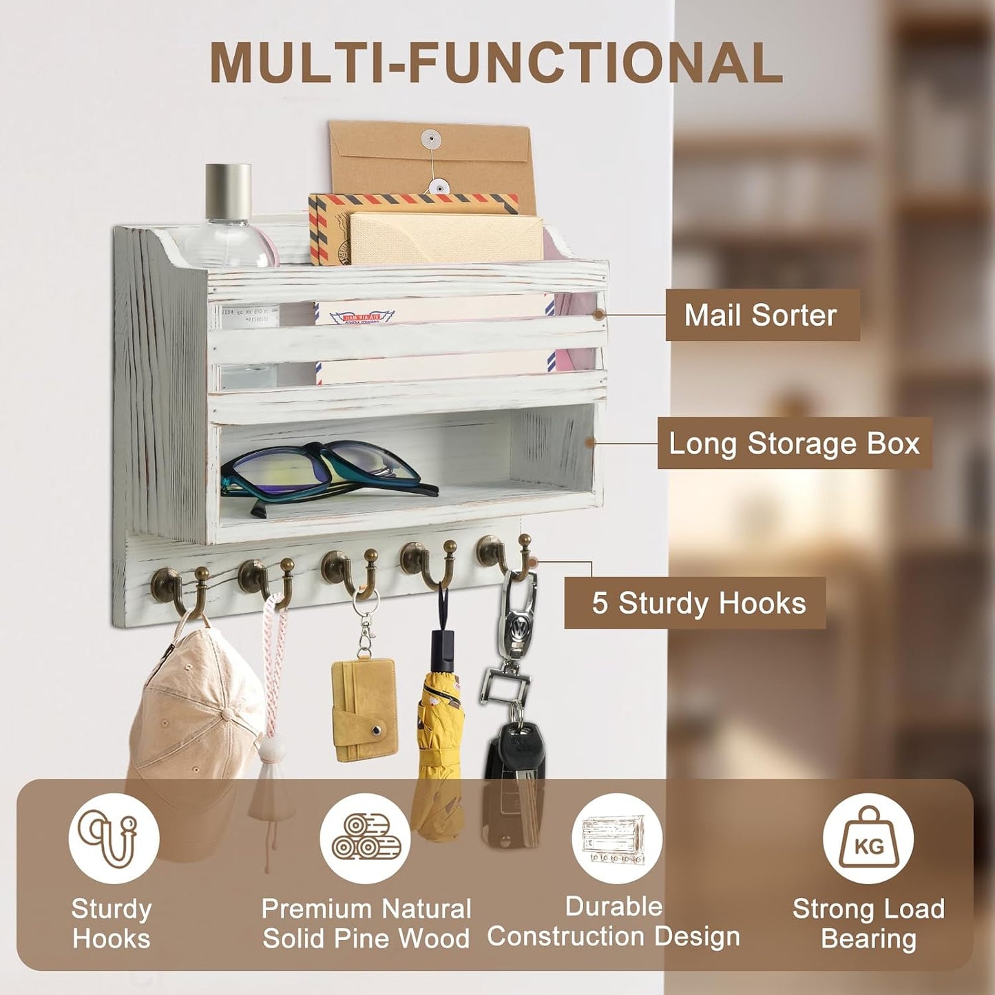 Key Holder Wall Mount with Mail Organizer, 5 Key Hooks, Brown | Wood Mail Organizer Wall Mounted with 5 Key Hooks & Storage Box and Mail Organizer for Entryway, Apartment, Home and Office