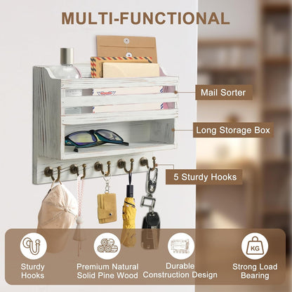 Key Holder Wall Mount with Mail Organizer, 5 Key Hooks, Brown | Wood Mail Organizer Wall Mounted with 5 Key Hooks & Storage Box and Mail Organizer for Entryway, Apartment, Home and Office