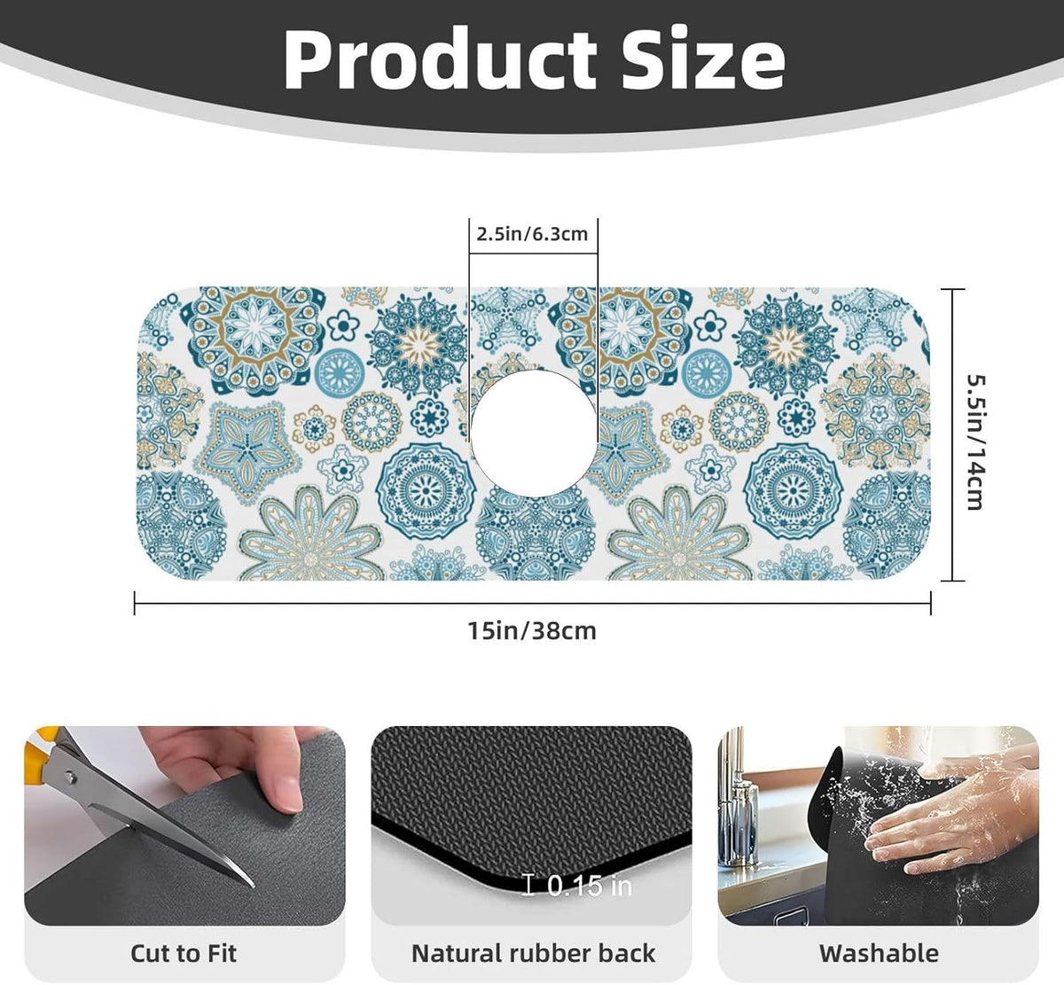 Aquamarine Blue Mexican Tiles Faucet Splash Guard Mat for Kitchen Sink 15x5.5" - Colors B