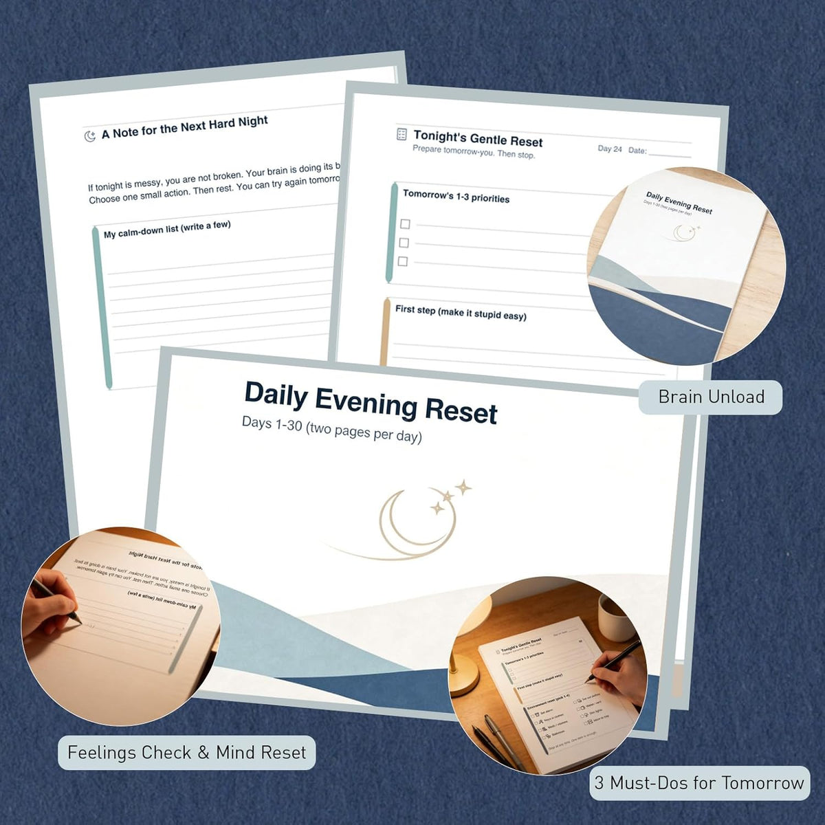 ADHD Evening Reset Planner (Undated) – 30-Day Night Routine Journal & Checklist, Calm Your Mind Before Bed, 2/5/10-Min Reset System, Brain Dump for Racing Thoughts, For Adults & Teens