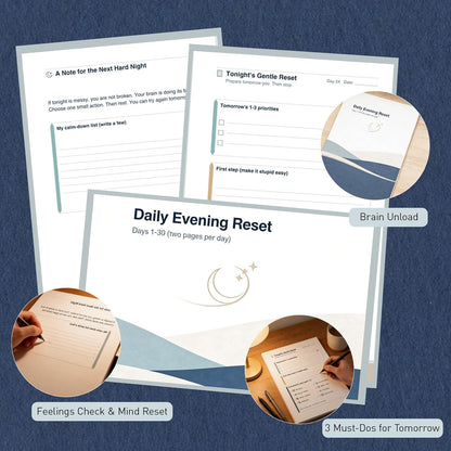 ADHD Evening Reset Planner (Undated) – 30-Day Night Routine Journal & Checklist, Calm Your Mind Before Bed, 2/5/10-Min Reset System, Brain Dump for Racing Thoughts, For Adults & Teens