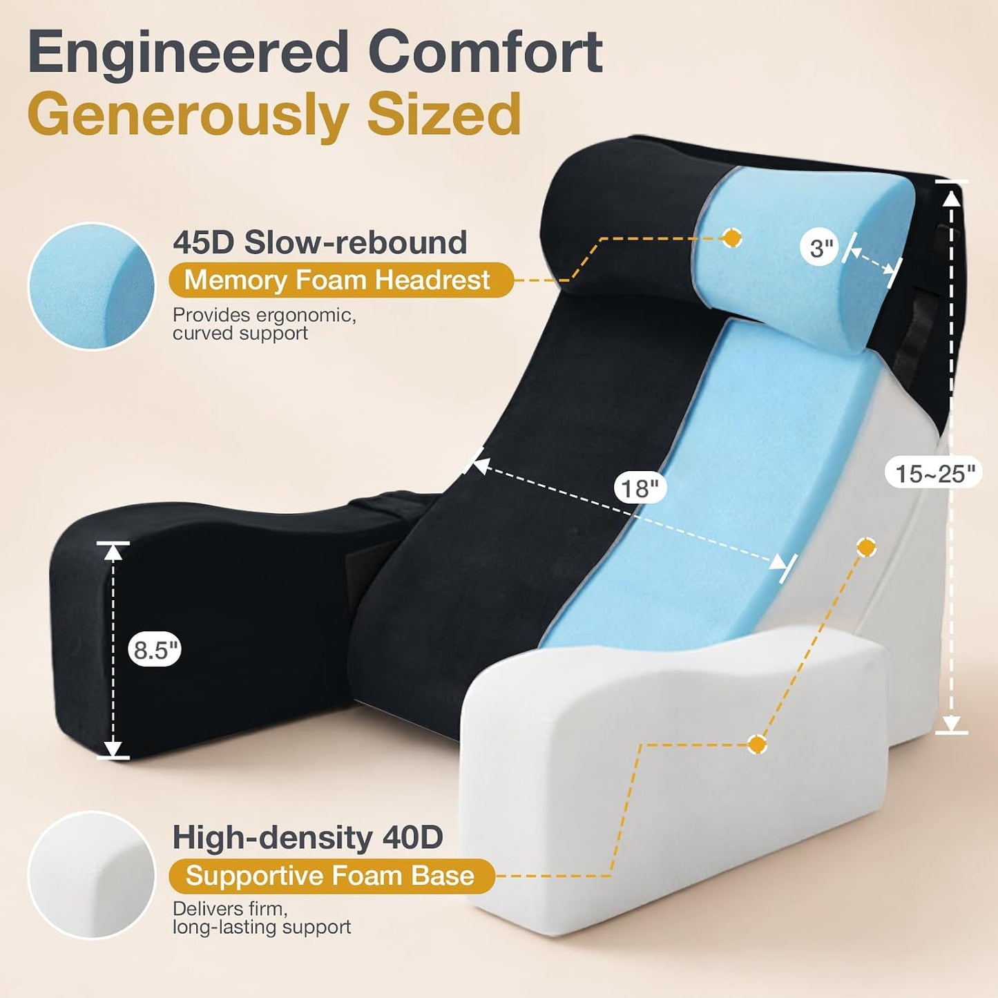Sasttie 15-25 inch Adjustable Reading Pillow with Armrests, Dark Grey | Back Rest Pillow with Secure Side Straps, Memory Foam Back Support Cushion Bed Chair for Reading, Gaming & Relaxing