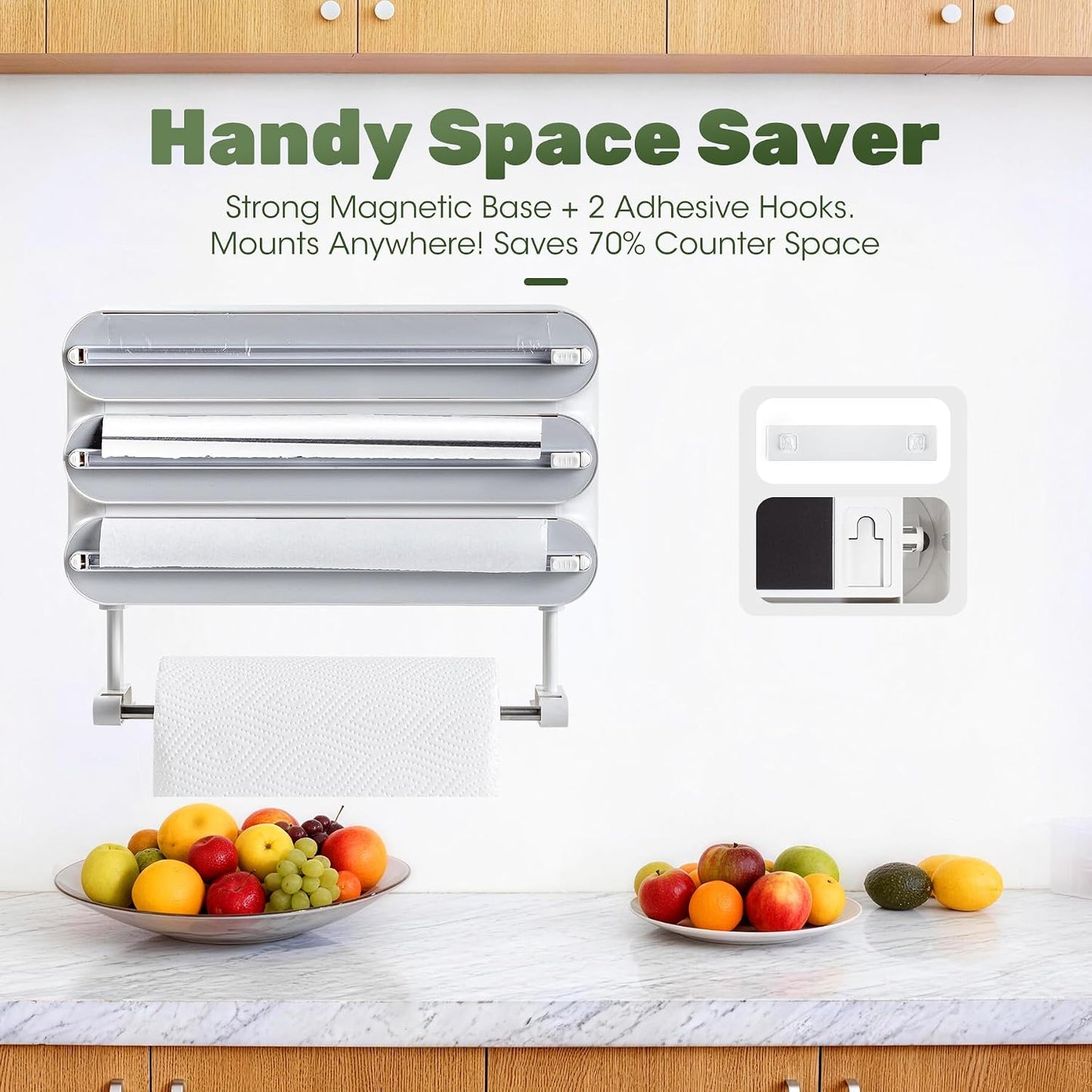 Aluminum Foil & Plastic Wrap Dispenser with Cutter - Magnetic & No-Drill Wall Mount, Cling Film Dispenser with Paper Towel Holder, Space-Saving 4-in-1 Kitchen Organizer - Fits 12" Roll, Black