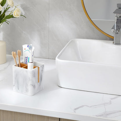Toothbrush Holders for Bathroom, Bamboo Electric Toothbrush Stand, White | Toothbrush and Toothpaste Organizer for Sink Countertop, Bathroom Storage Stand for Brushing Accessories